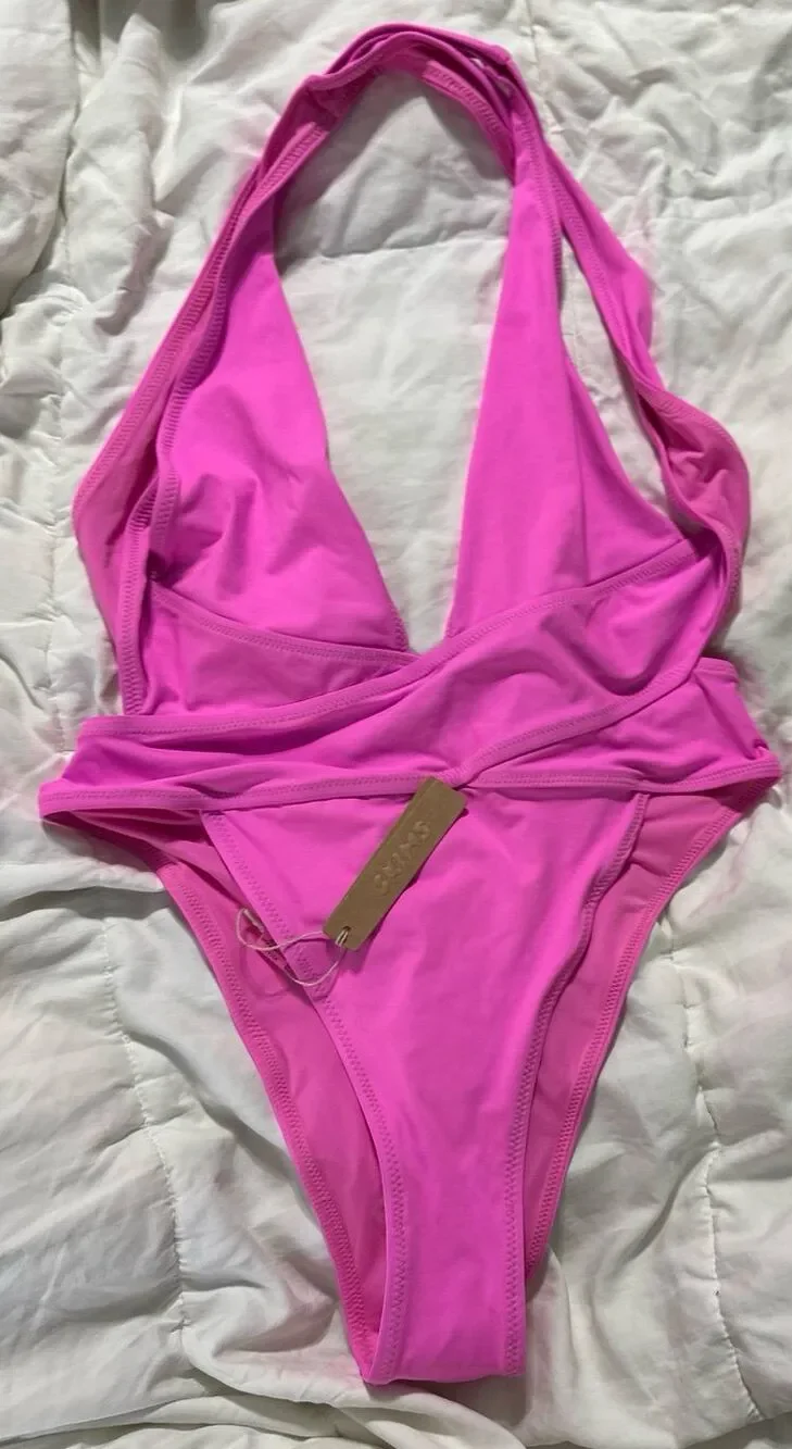 recycled swim cut out plunge Monokini Neon Orchid small